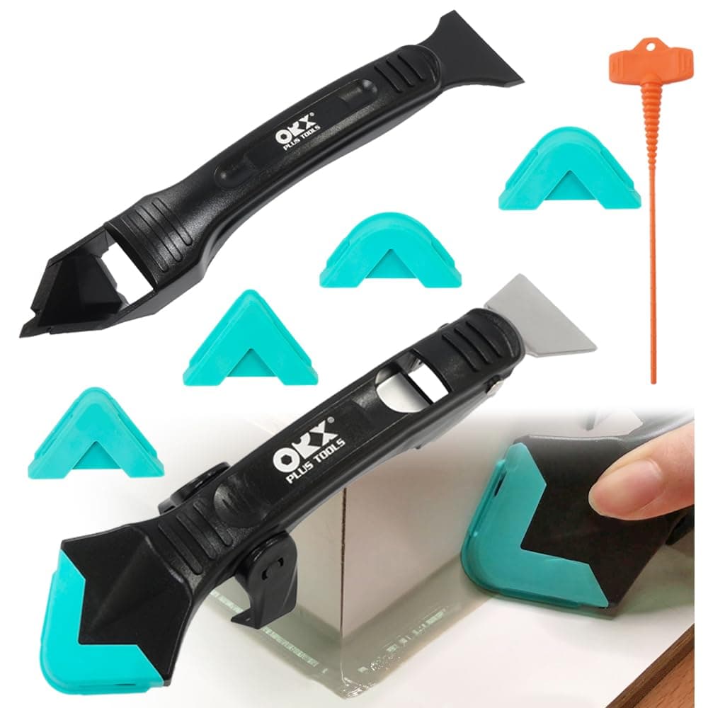 ORXPLUS Sealant Caulking Tool Kit, Sealant Finishing Tool Grout Scraper, Reuse and Replace 5 Silicone Pads w/Caulk Saver, Great for Kitchen, Bathroom, Window, Sink Joint