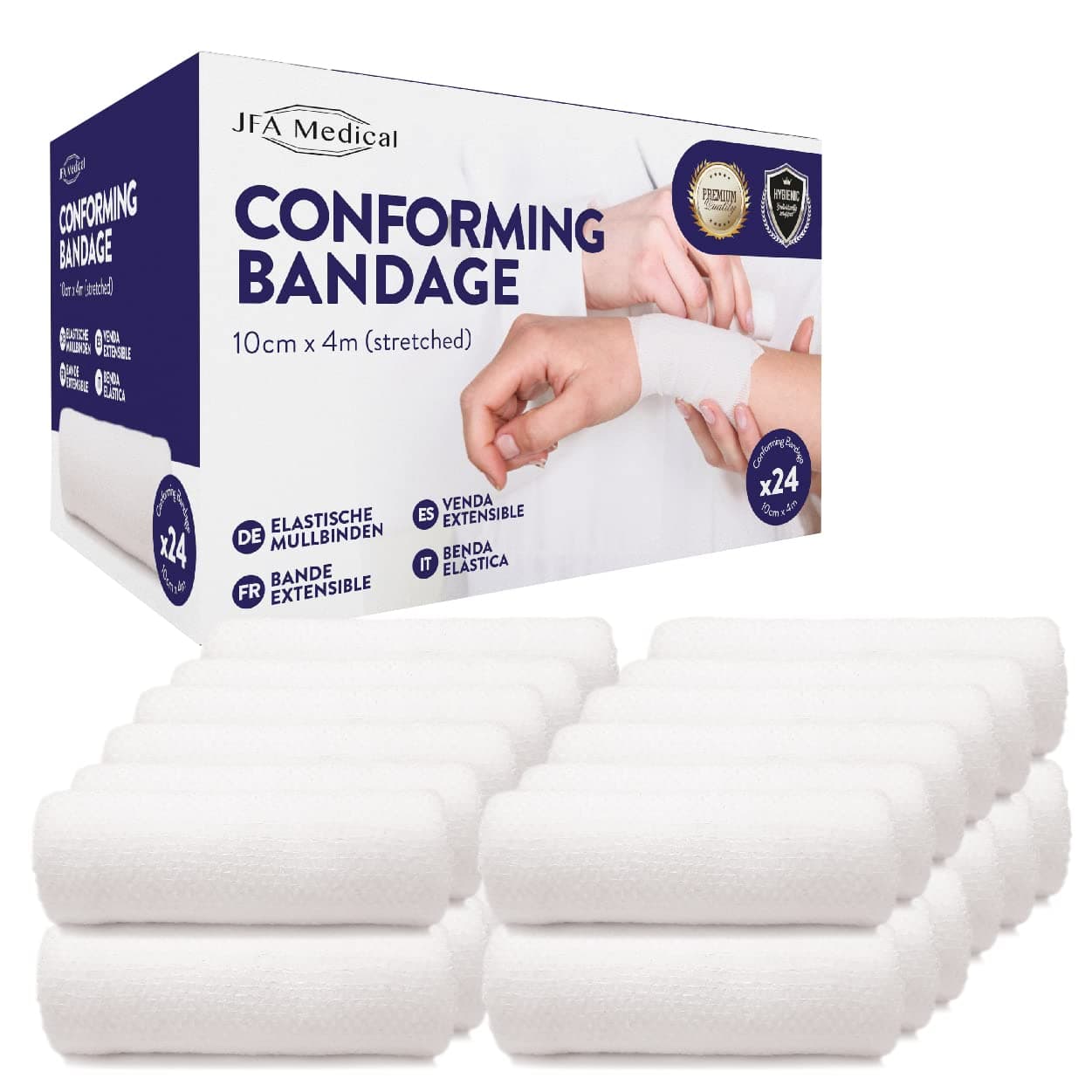JFA Medical Conforming Bandage, Gauze Bandage Roll 10cm x 4m - Box of 24