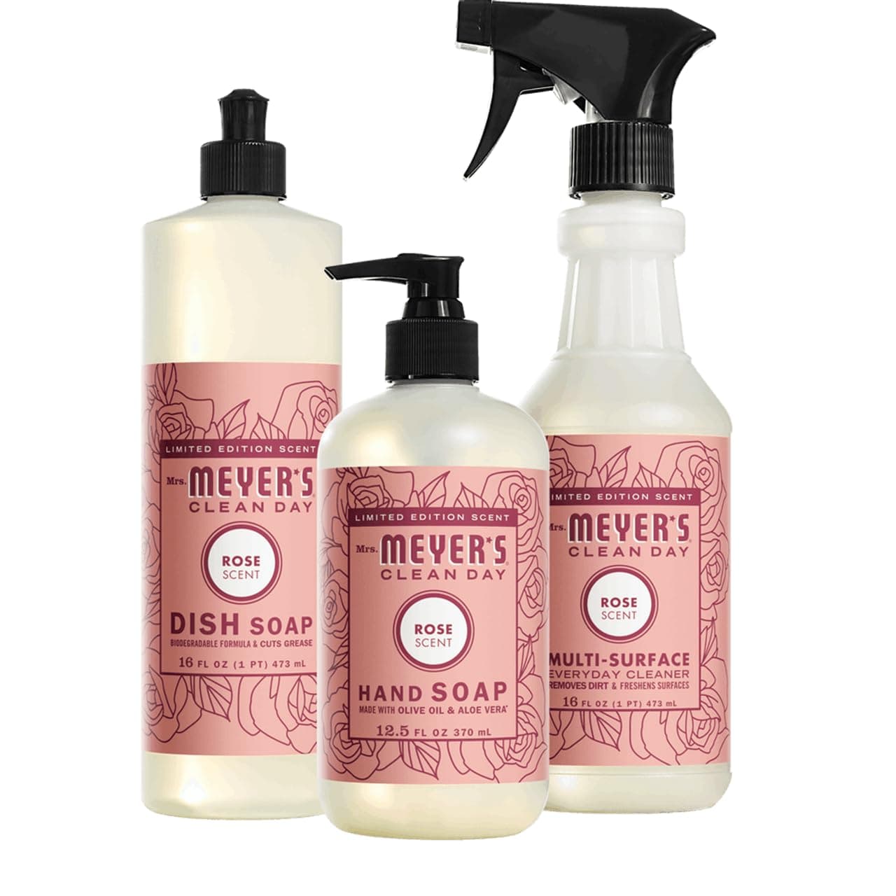 Mrs. MEYER'S Rose Scent Kitchen Basics Set, Dish Soap, Hand Soap, Multi-Surface Everyday Cleaner 3 ct.