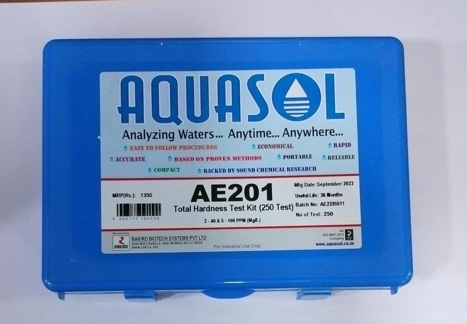 AQUASOL AE201 Total Hardness Test Kit (2-100 mg/l), 250 Tests