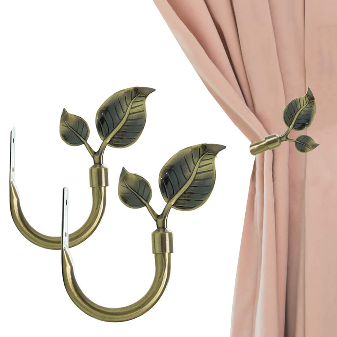 Leaf Shaped Curtain Tieback Holdbacks 2pcs, Handmade Metal Curtain Side Holders for Wall, Curtain Hook Pull Backs for Drapes Window Decoration (Antique Brass)