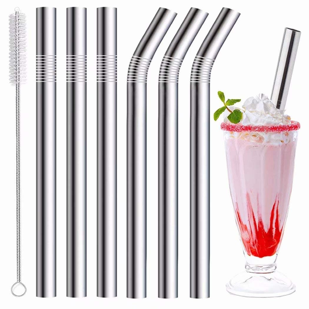 Vinaco Reusable Stainless Steel Milkshake & Smoothie Straws, 6 Pack - 216mm & 266mm Long, 10mm Wide, 1 Straw Cleaner