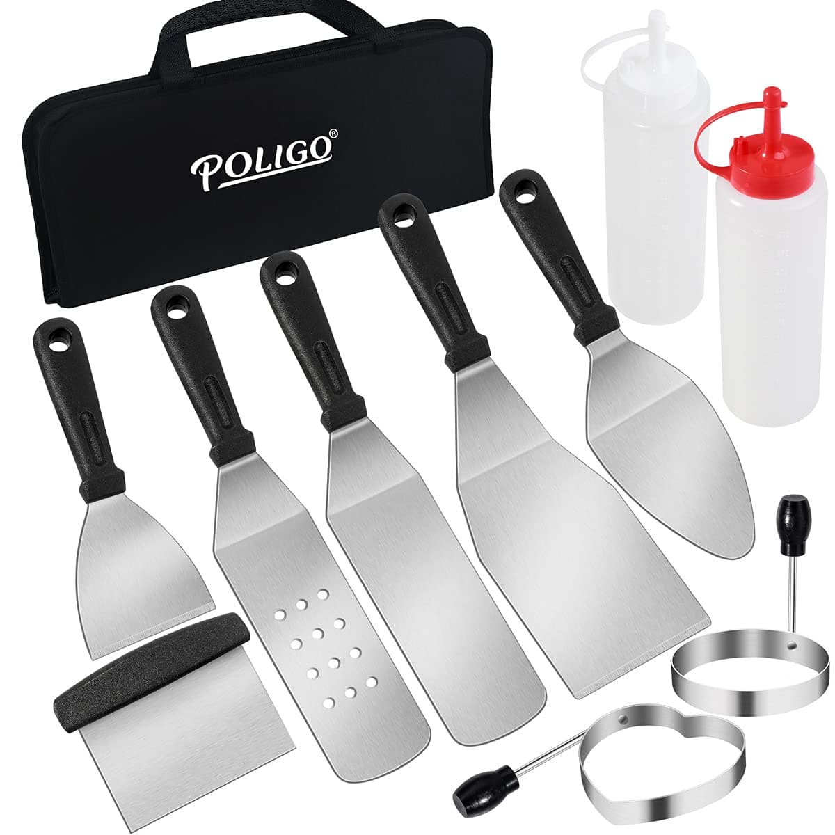 POLIGO 11PCS Professional Griddle Accessories Camping Griddle Spatulas Commercial Griddle Grill Accessories for Flat Tops Grill, Outdoor Hibachi Grill Accessories Set Metal Long Spatula for Cooking