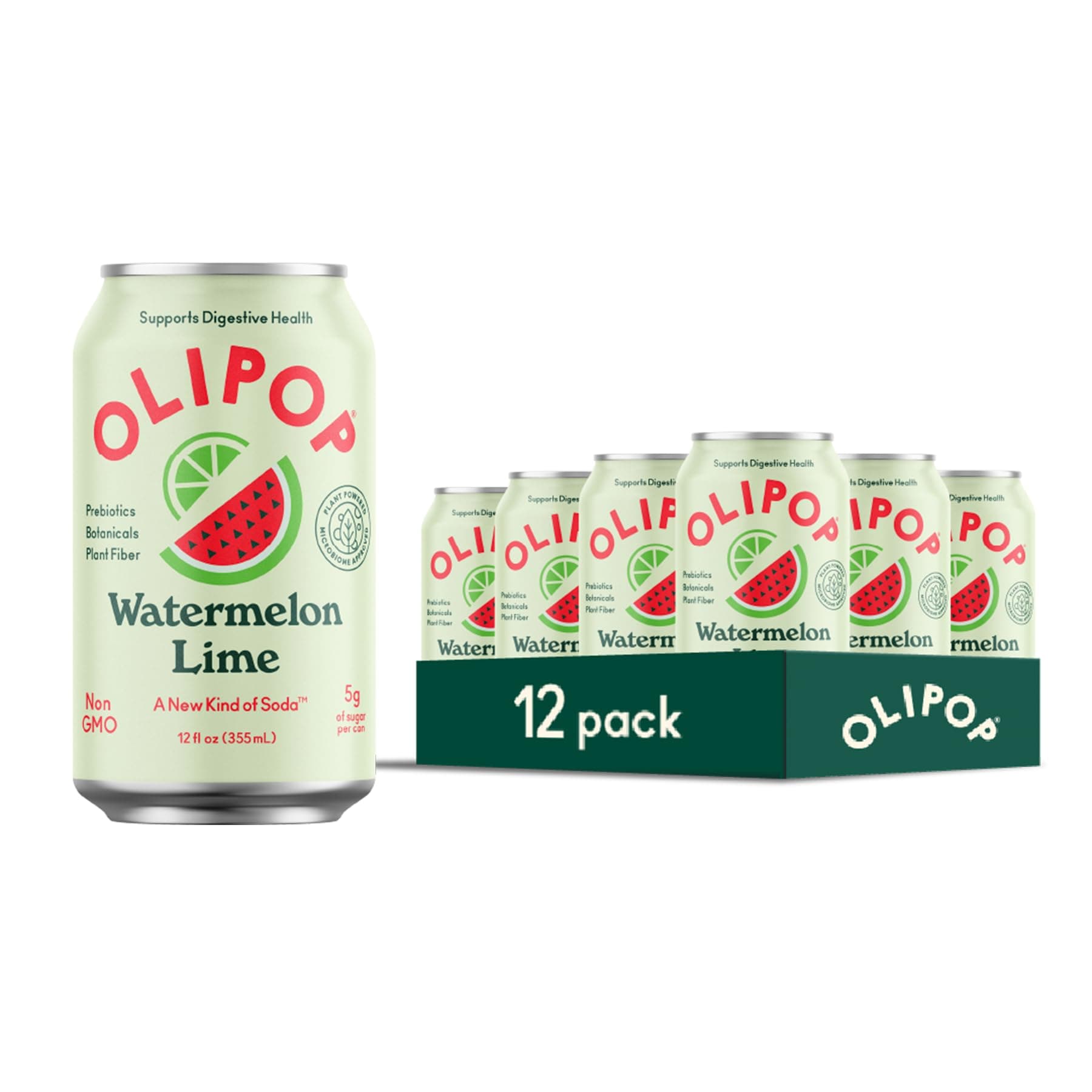 OLIPOP Prebiotic Soda Pop, Watermelon Lime, A New Kind of Soda Packed with Prebiotics, Fiber, and Botanicals, Gluten Free, GMO Free, 12oz (12-Cans)