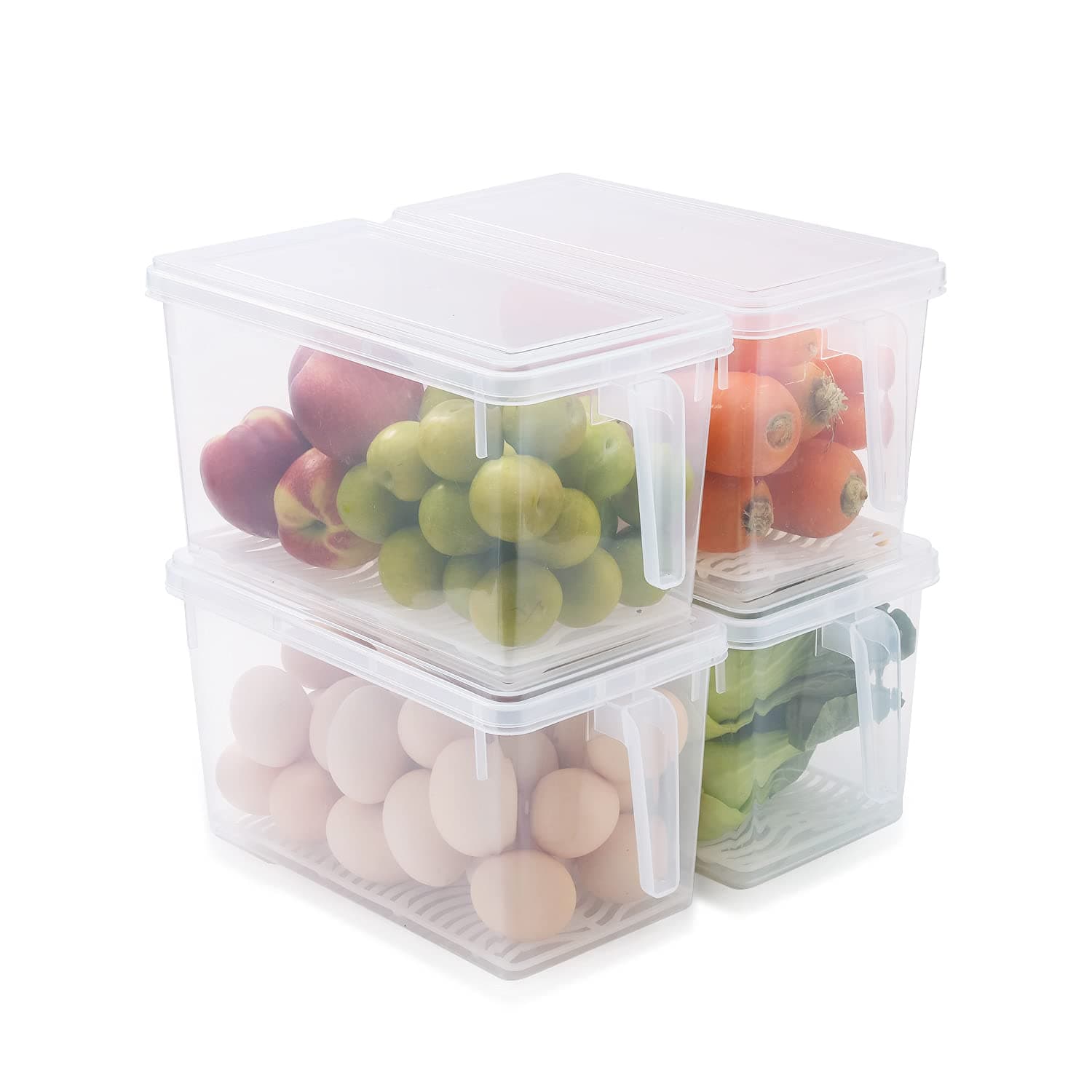 HapiLeap Refrigerator Organizer Bins- Stackable Fridge Organizer Food Storage Containers with Removable Drain Tray for Eggs, Fruits, Vegetables, Meat and Fish (4 Pack)