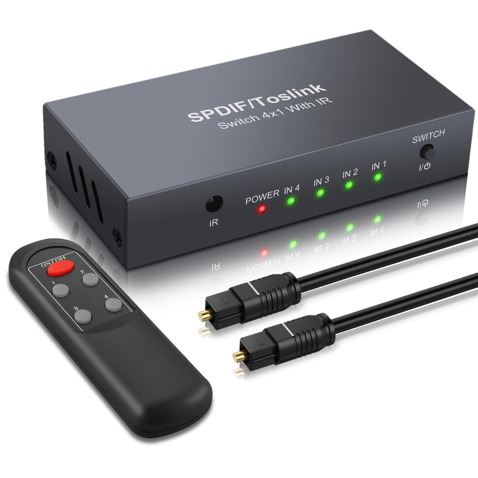 4X1 Digital Optical Audio Switcher 4 in 1Out SPDIF Toslink Audio Switcher Box with IR Remote Control with IR Remote Control Supports PCM2.0 DTS Dolby-AC3 Compatible with PS3 PS4 HDTV