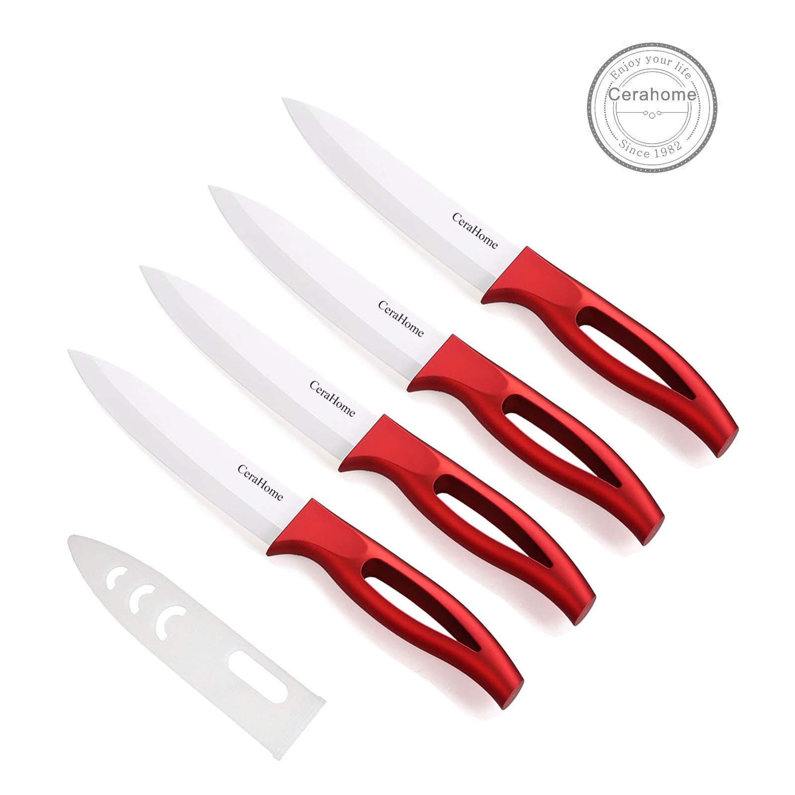 Ceramic Knife Set of 4, Cerahome Steak Knife Rust Proof and Stain Resistant Chef Knife Set Super Sharp Kicthen Knife with Sheath Upgrade Handle (red)