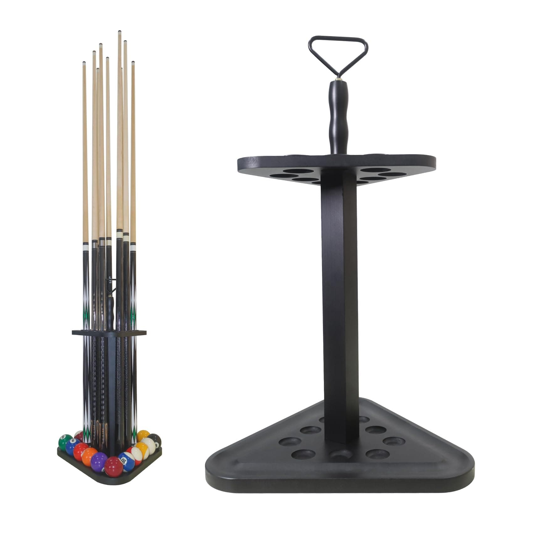 Pool Cue Rack Floor Stand | Wood Billiard Stick Holder & Game Room Organizer | Holds 9 Cues, Full Ball Set & Accessories | Classic Triangle Design for Stability & Style | Easy Assembly