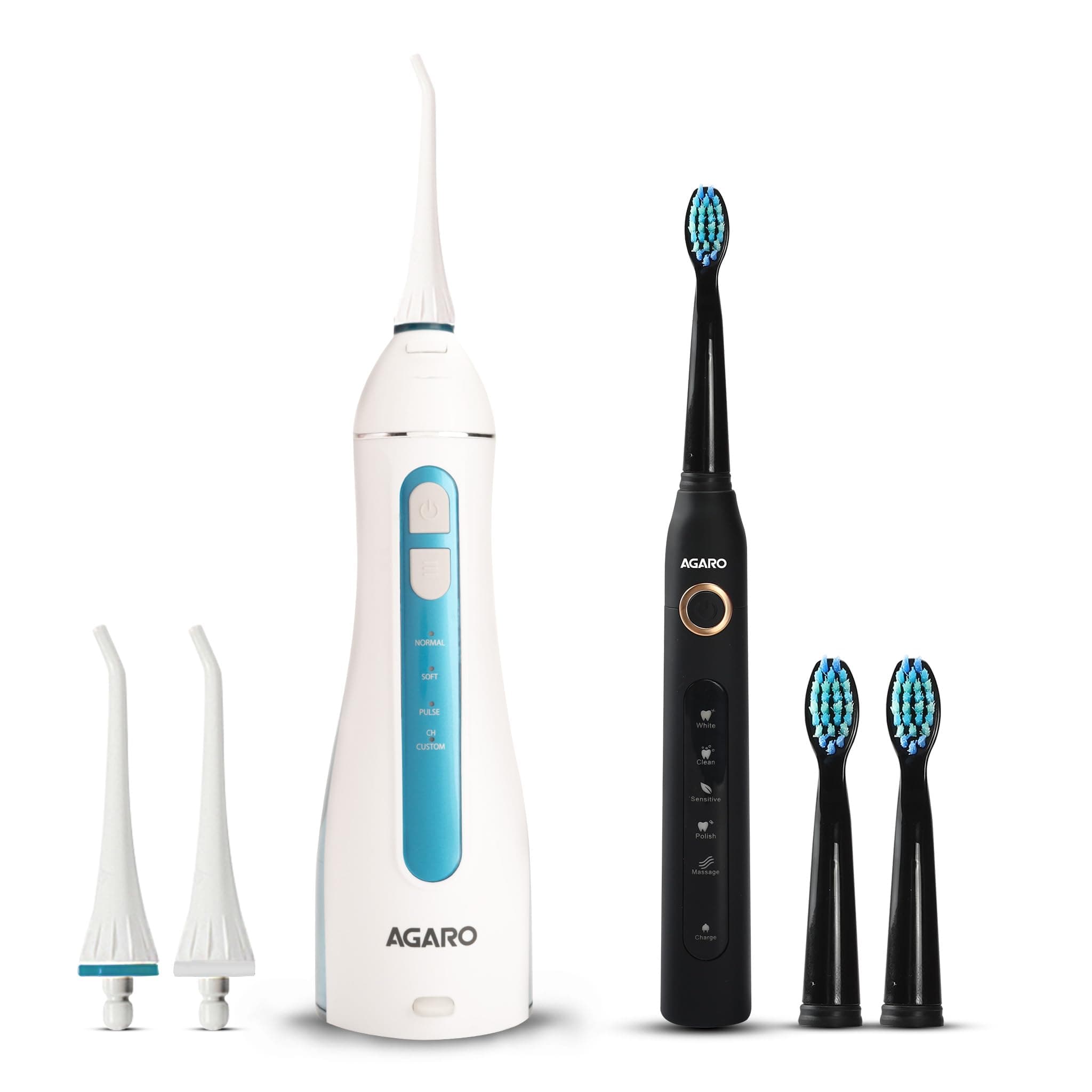AGARO Cosmic Sonic Tooth Brush Black & Ultra Portable Oral Irigator 200 ML White & Blue, Combo