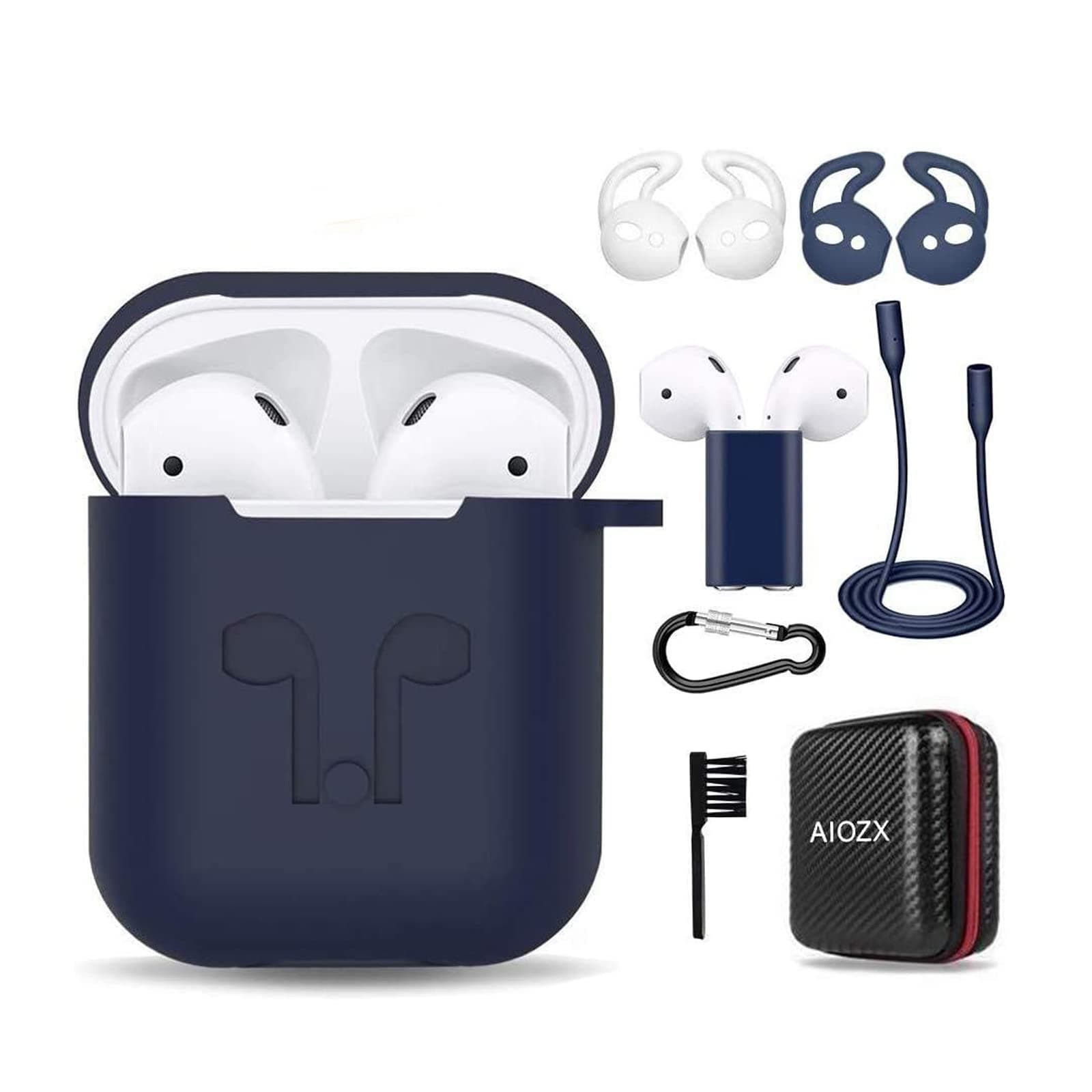 Case for Airpods, Silicone AirPods 2 & 1 Accessories Set Protective Cover, Skin for AirPods Charging Case, Airpods Strap/Airpods Ear Hooks/Holder/Keychain/Carrying Box(Blue)