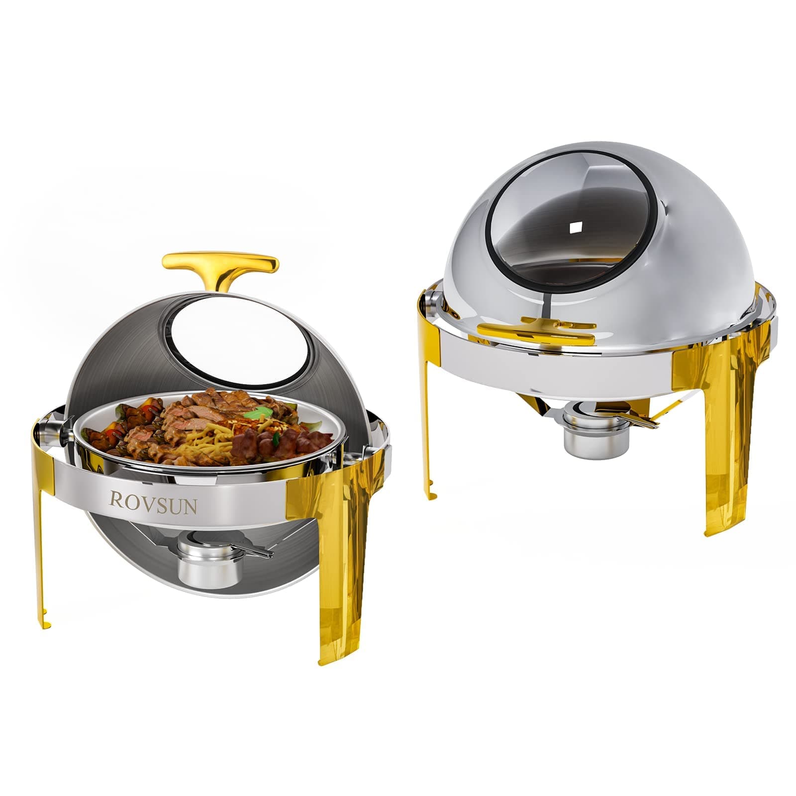 ROVSUN 6 Quart 2 Packs Round Chafing Dish Buffet Set Gold Accent, Stainless Steel Roll Top Chafer for Catering, Food Warmer with Glass Window for Party Wedding Catering Banquet Graduation Event