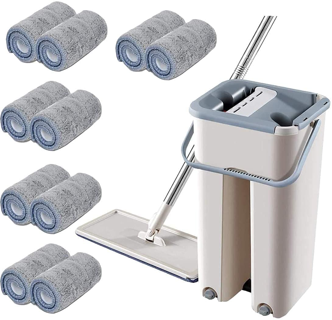 Youqin Home Foldable Flat Mop and Bucket Set with 10 Squeegee Mop Pads Wash and Dry Mop Cleaning System Floor Cleaner Flat Mop for Wooden Floor Laminate Tiles Stone Floors (Style 1)