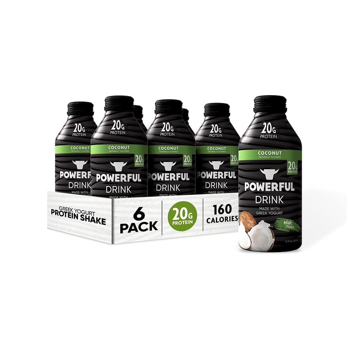 Powerful Foods, Protein Shake, 20g Protein, Greek Yogurt, Low Carb, Gluten Free, Kosher, Ready to Drink (Coconut, 12 oz, Pack of 6)