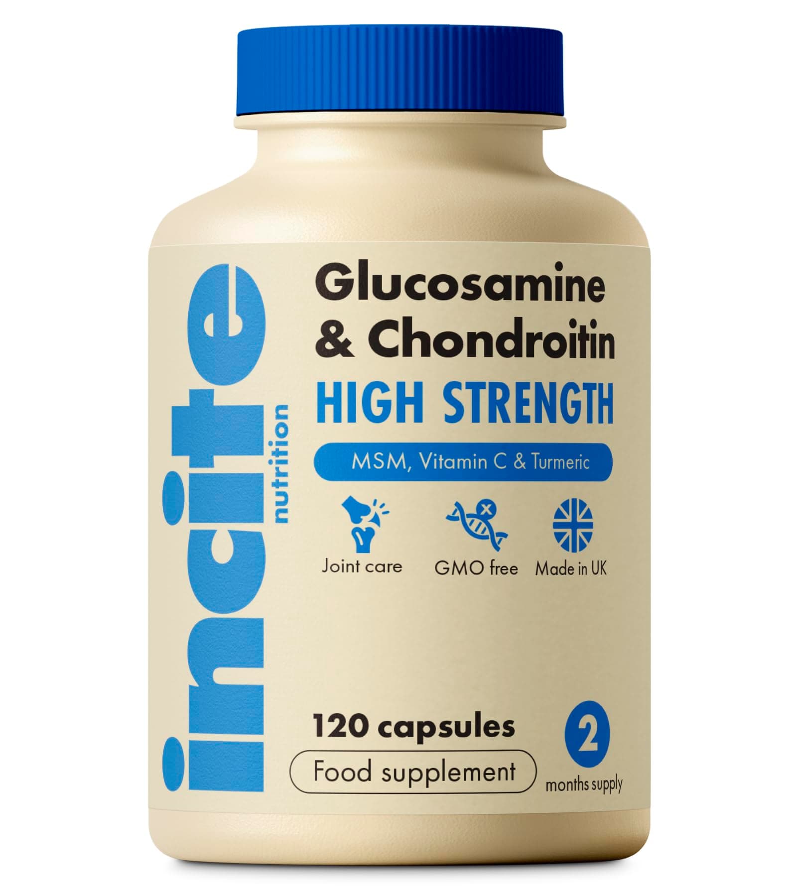 Glucosamine and Chondroitin High Strength Complex with MSM, Vitamin C, Ginger, Rosehip & Turmeric - 120 Premium Capsules Joint Care Supplements Made in The UK by Incite Nutrition