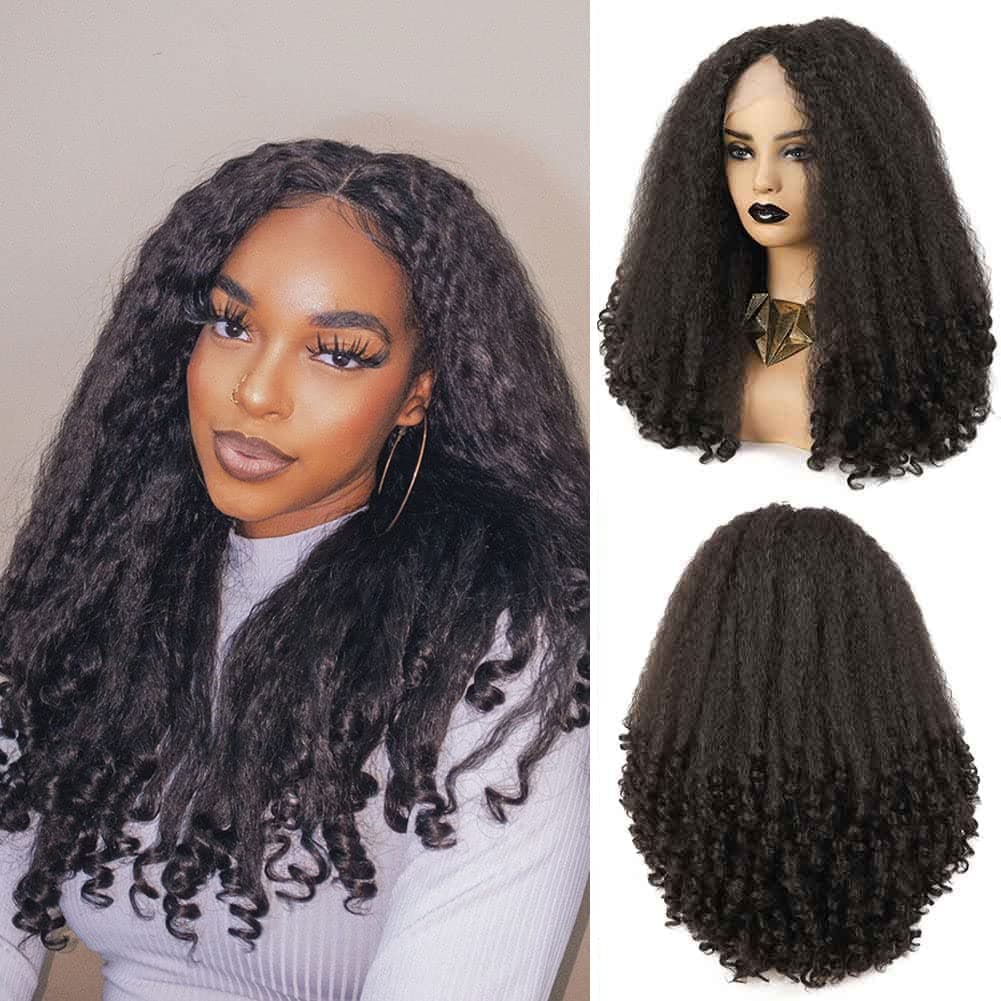 SOKU Afro Curly Lace Front Wig Synthetic Straight with Curly Ends T Part HD Transparent Swiss Lace Fluffy Bouncy Hair Wigs 20 Inch Dark Brown Heat Friendly Afro Wigs for Black Women