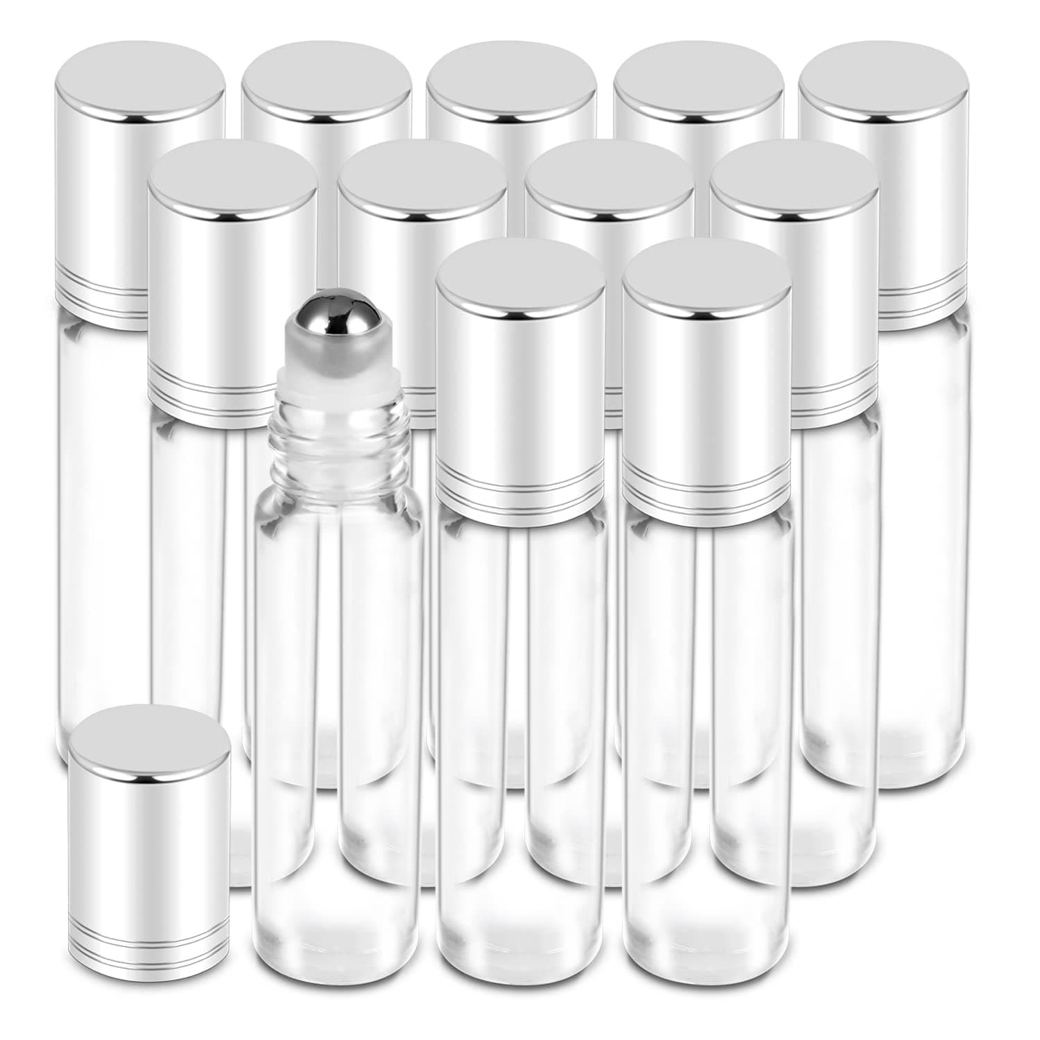 PrettyCare Set of 12, 10 ml Essential Oil Roller Bottles with Stainless Steel Roller Ball - Refillable Leak-proof Empty Thick Clear Glass Roll on Bottles with Silver Metal Caps for Travel, Perfume