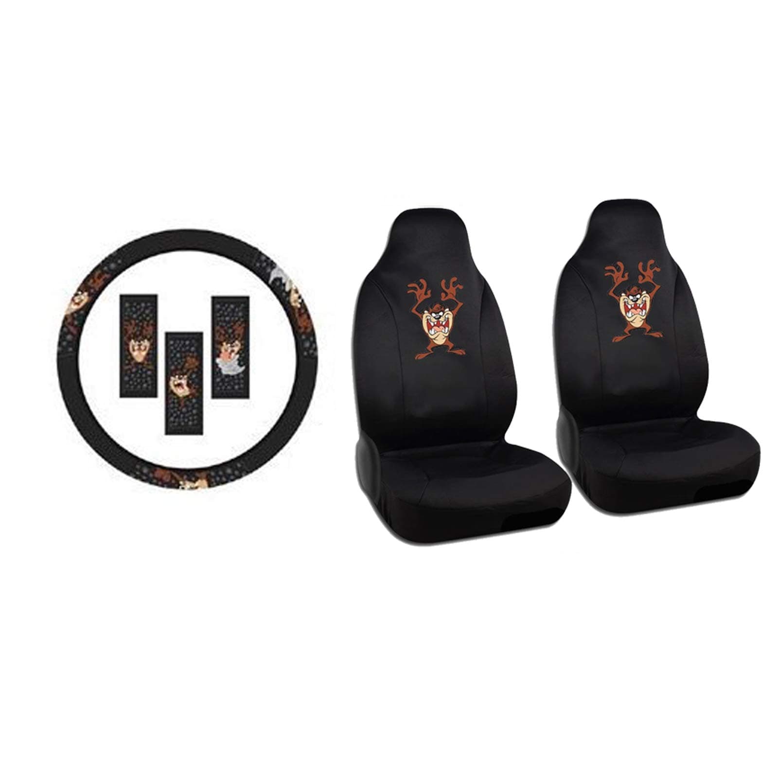 A Set of 2 Front Universal Fit Bucket Seat Cover and Steering Wheel Covver - Looney Tunes Tasmanian Devil Taz Attitude