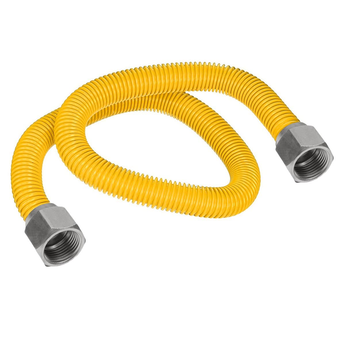 Flextron FTGC-YC14-72 70" Flexible Epoxy Coated Gas Line Connector with 3/8" Outer Diameter and Nut Fittings, Yellow/Stainless Steel