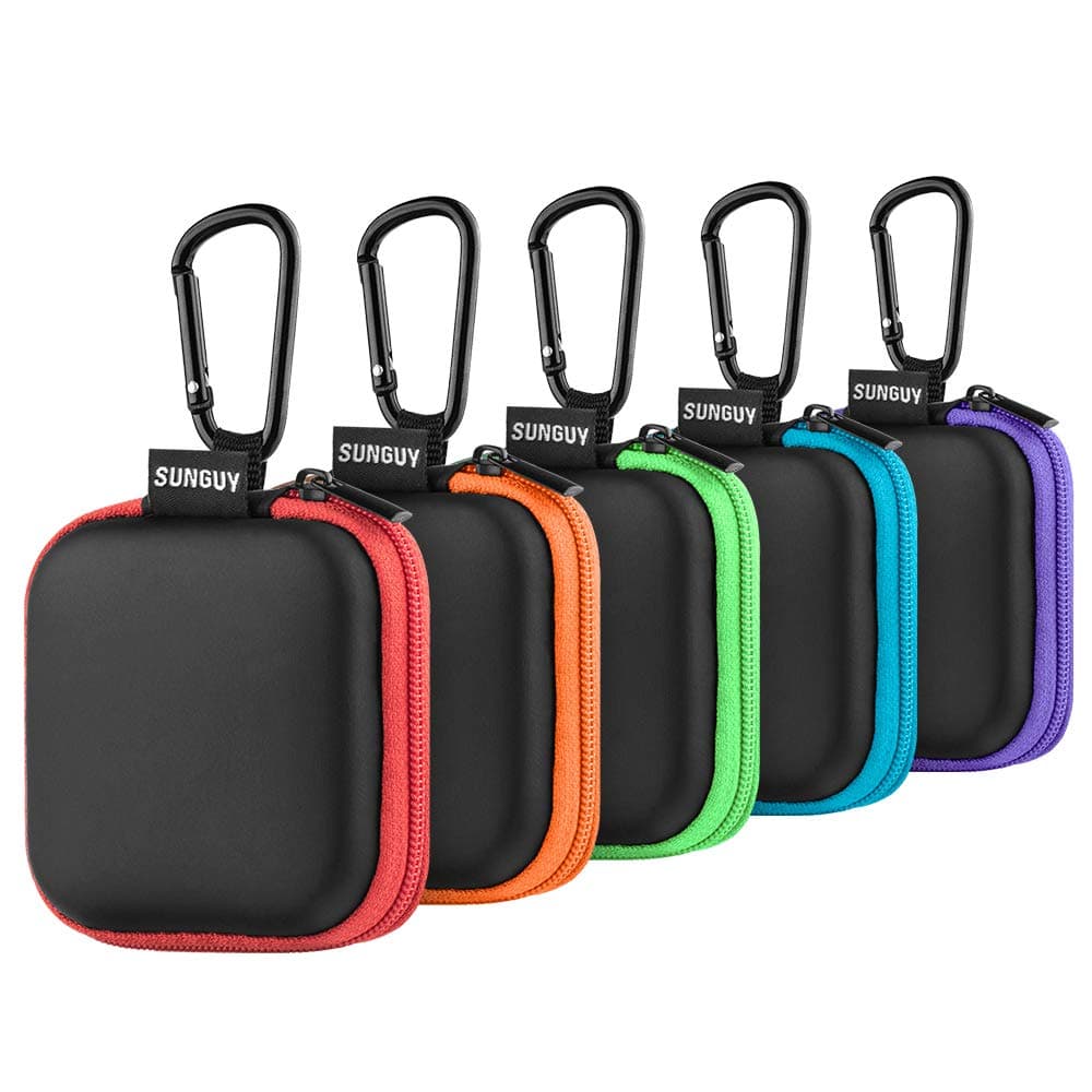 SUNGUY Earbud Case, 5-Pack Small Square Earphones Carrying Case Mini Pouch Storage Bag with Carabiner for Wired In-ear Earphone Earbuds, Bluetooth MP3 Players, Traveling, Everyday Use, School or Work