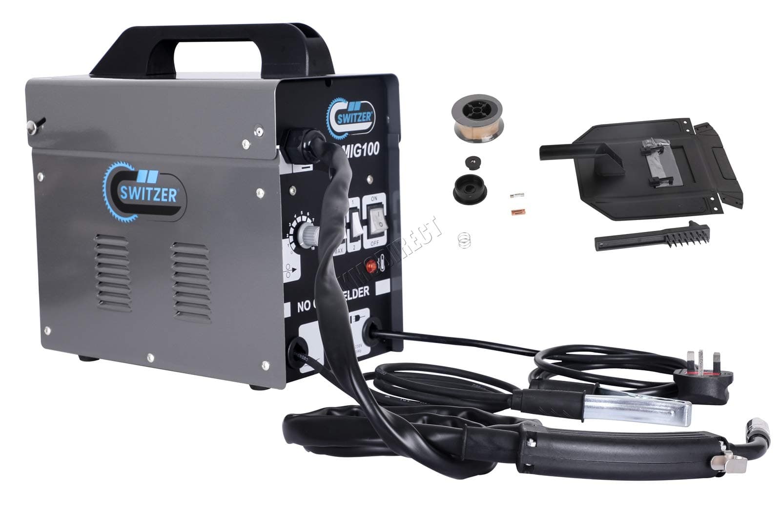 SwitZer Portable Gasless Welder Welding 230V 50-100A Machine with Kits Mask Arc MIG Wire Voltage MIG100 Grey