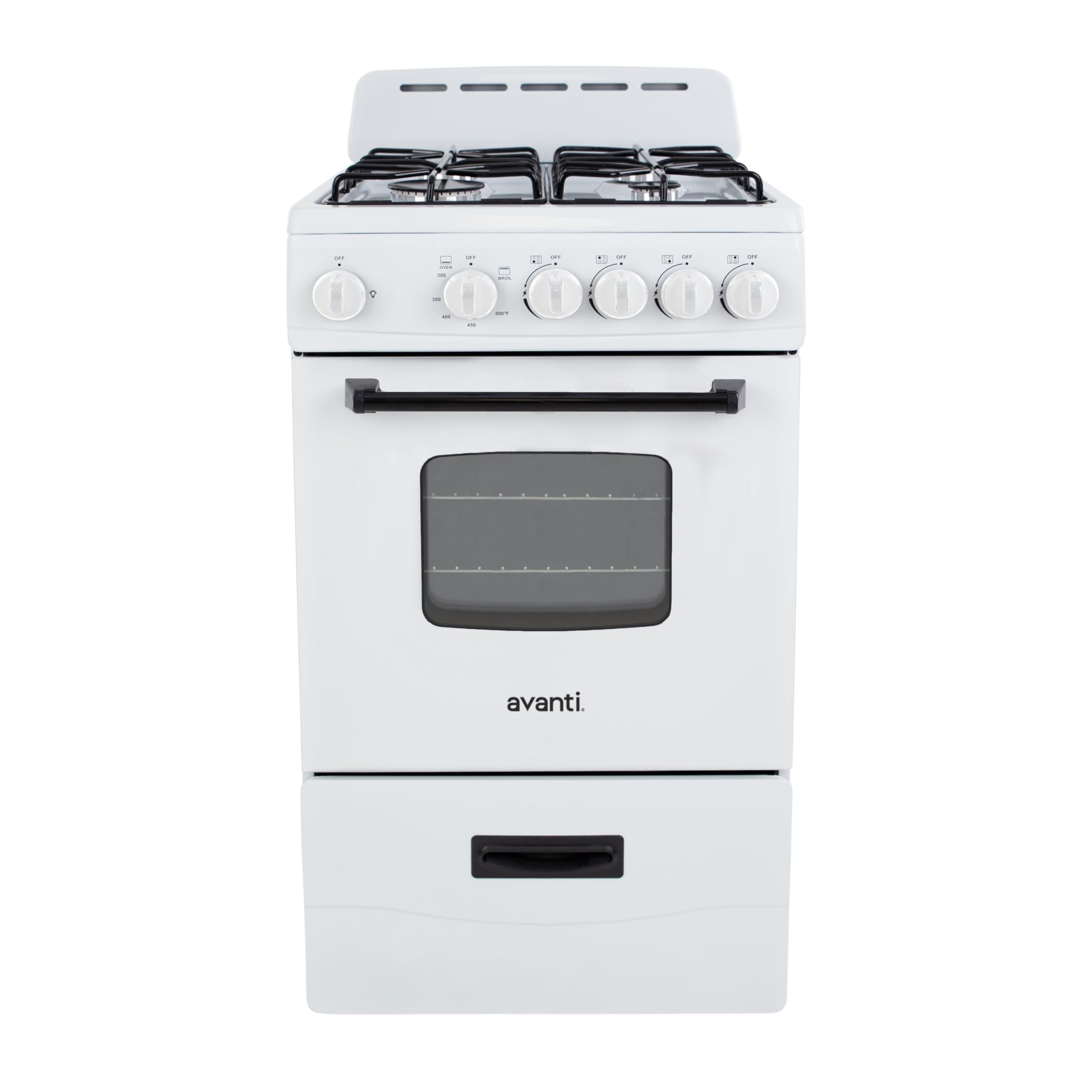 Avanti Gas Range Oven, Compact Freestanding Design, 4 Sealed Burners with Electronic Ignition, 2.1 Cu.Ft. Capacity Features Framed Glass Door Storage Drawer Broiler and Accessories, 20-Inch, White