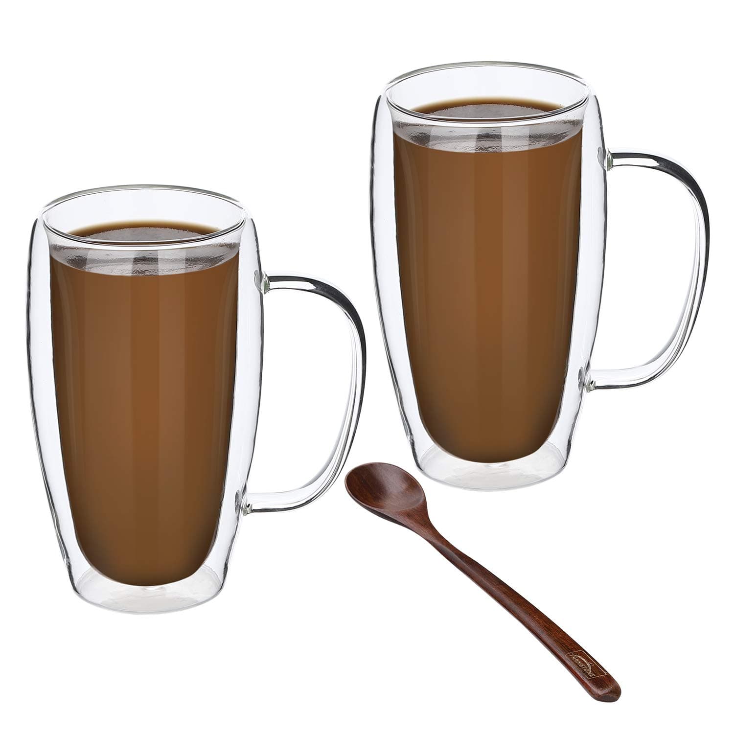 TRANSTONE 15oz Set Of 2 Double Wall Insulated Glass Coffee Cups,Clear Glass Coffee Mugs,Glass Espresso Mugs, Latte Glass Cups, Glass Cappuccino Mugs ,Glass Tea Cups Include A Wooden Spoon