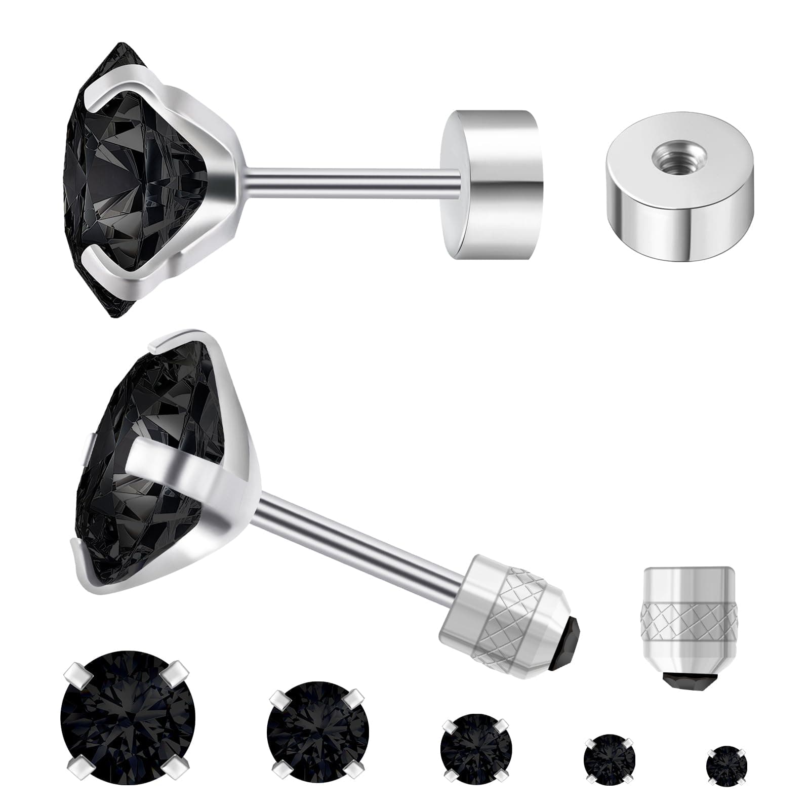 5 Pairs Flat Back Stud Earrings for Women, Trendy Cartilage Earring, Hypoallergenic Titanium Earrings Set, Cubic Zirconia Flatback Ear Rings Non Tarnish