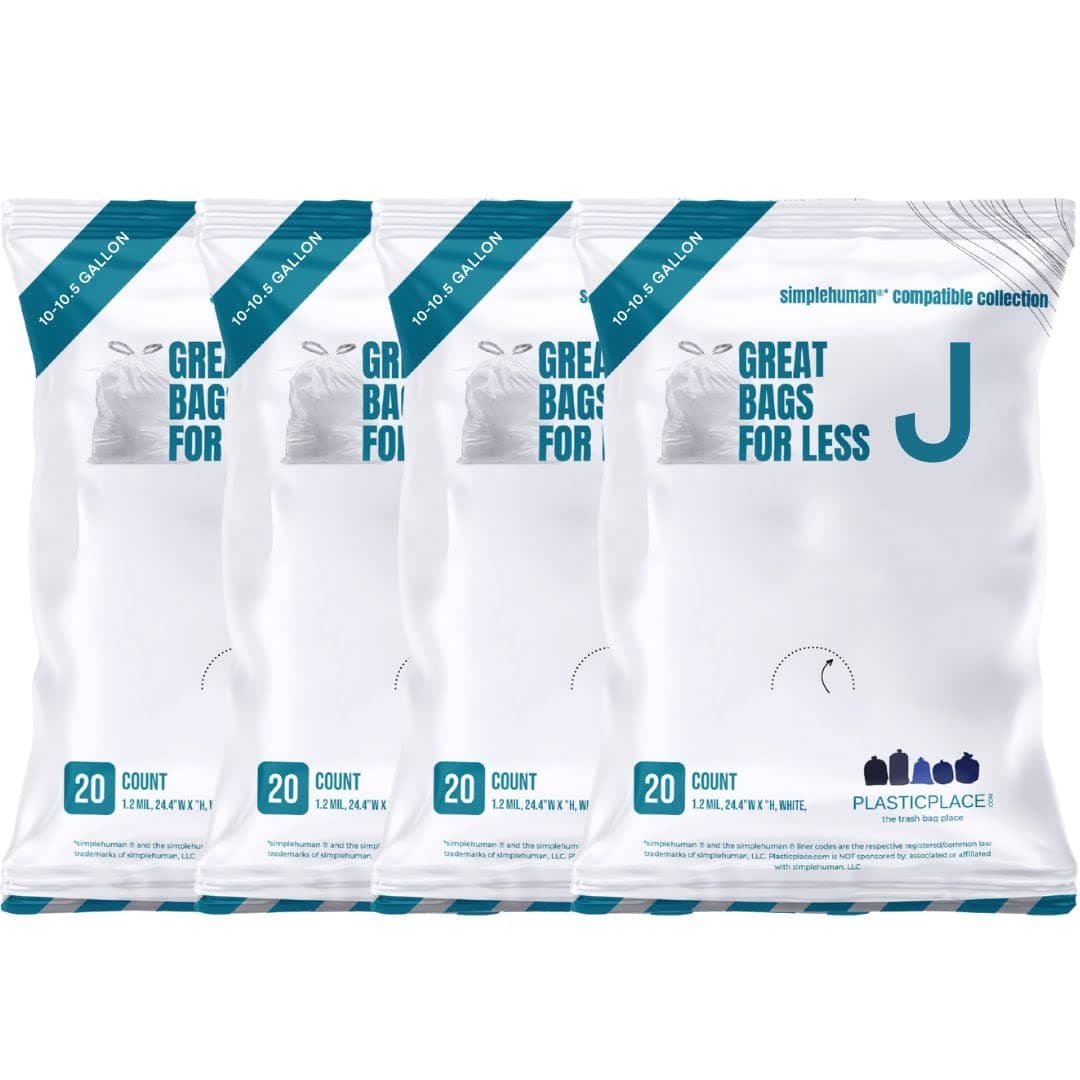 Plasticplace Custom Fit Trash Bags, Compatible with simplehuman Code J Packs, White Drawstring Garbage Liners 10-10.5 Gallon, 21'' x 28'' (20 Count/5 Pack)