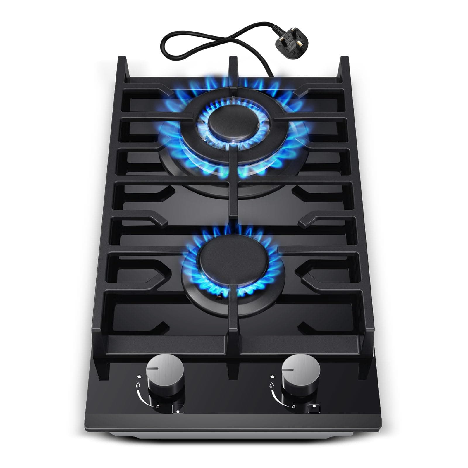 TopStrong Gas Hob 2 burners, 30cm Built in 2 Burners Gas on Glass Hob, NG/LPG Convertible, Flame Out Protection, Cast Iron Supports, 5200W