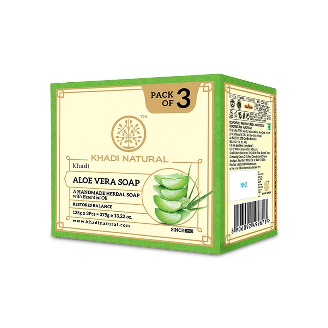 Khadi Natural Aloe Vera Soap | Herbal Bath Soap for Gentle Skin Cleansing | Helps Maintain Skin Hydration & Softness | Mild Bath Soap for Daily Use | Suitable for Men & Women | All Skin Types | Pack of 3