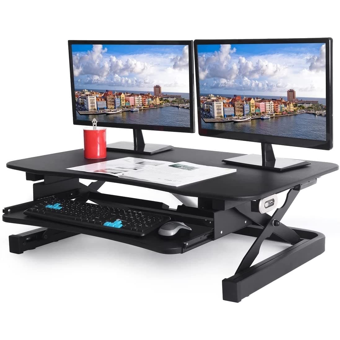 ApexDeskEDR-3612-BLACK ZT Series Height Adjustable Sit to Stand Electric Desk Converter, 2-Tier Design with Large 36x24" Upper Work Surface and Lower Keyboard Tray Deck (Electric Riser, Black)