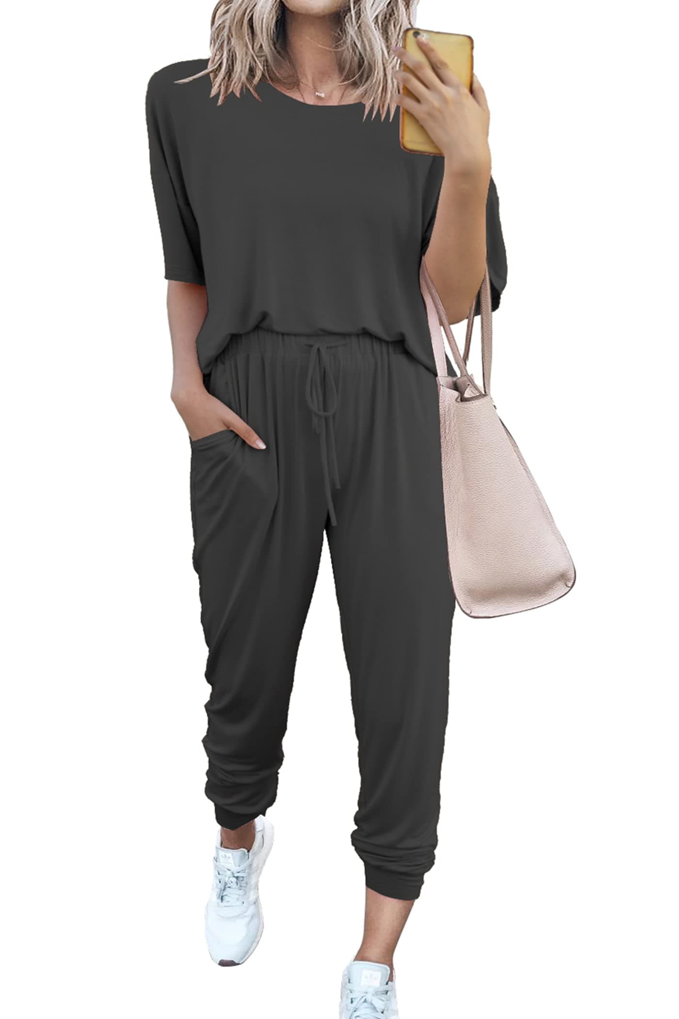 PRETTYGARDEN Women’s Two Piece Outfit Short Sleeve Pullover with Drawstring Long Pants Tracksuit Jogger Set with Pockets Dark Grey
