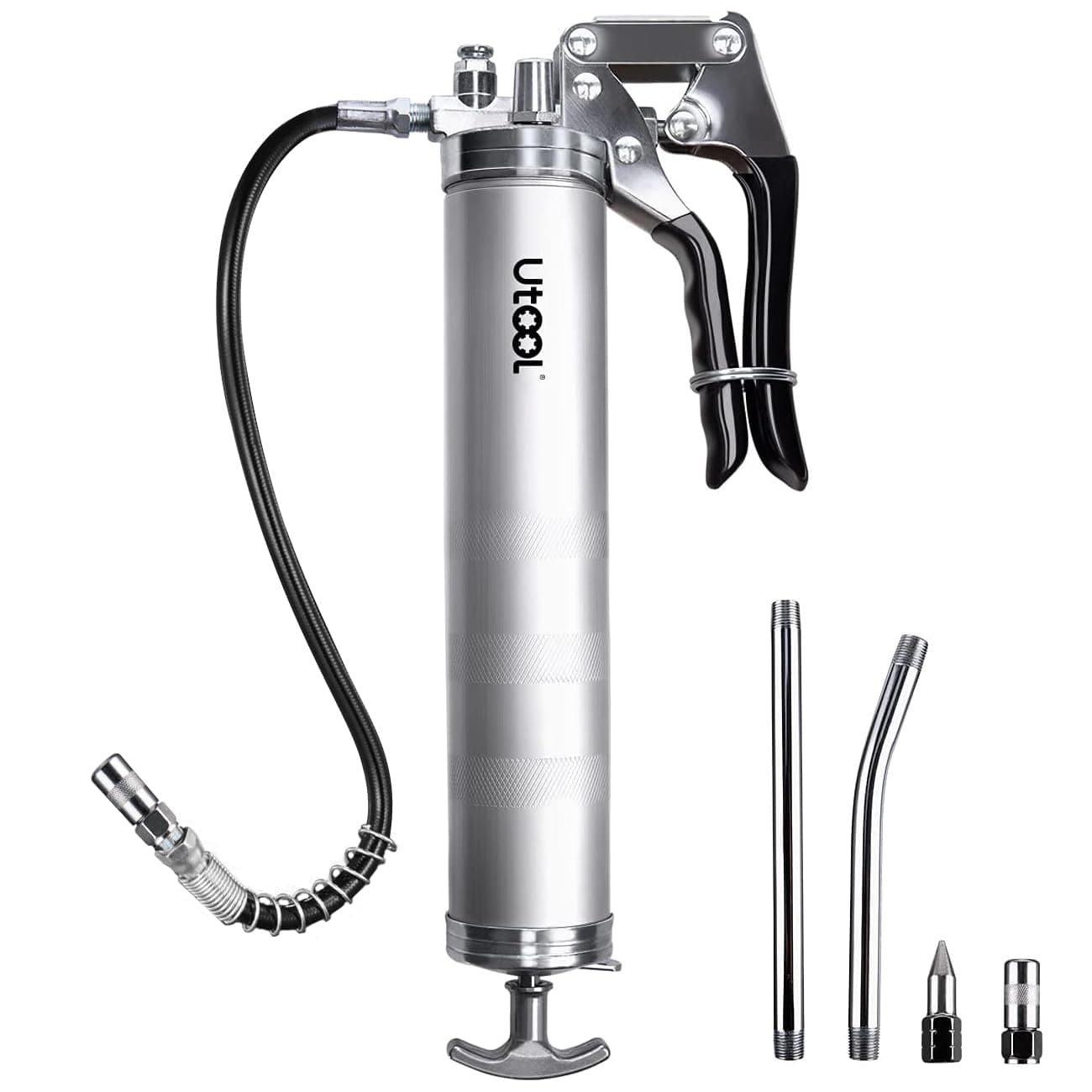 UTOOL Grease Gun, 7000 PSI Heavy Duty Pistol Grip Grease Gun Set with 14 oz Load, 18 Inch Spring Flex Hose, 2 Working Coupler, 2 Extension Rigid Pipe and 1 Sharp Type Nozzle Included, Argent