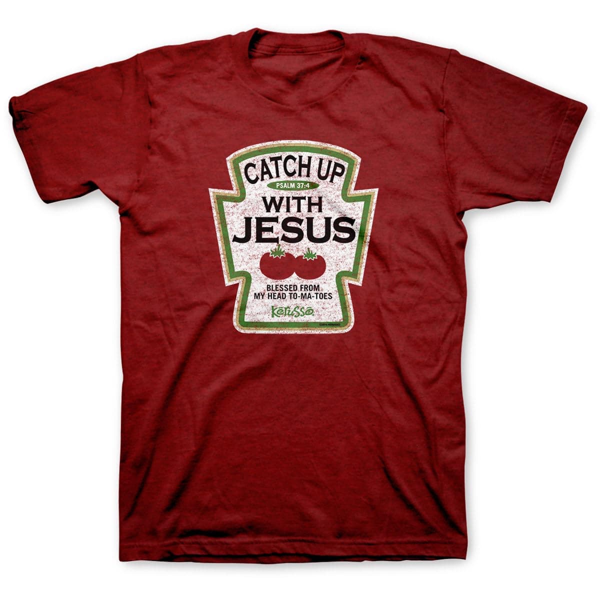 Kerusso Catch Up with Jesus Blessed from My Head to-Ma-Toes Ketchup Antique Cherry Red Cotton Crew Neck T-Shirt, Small