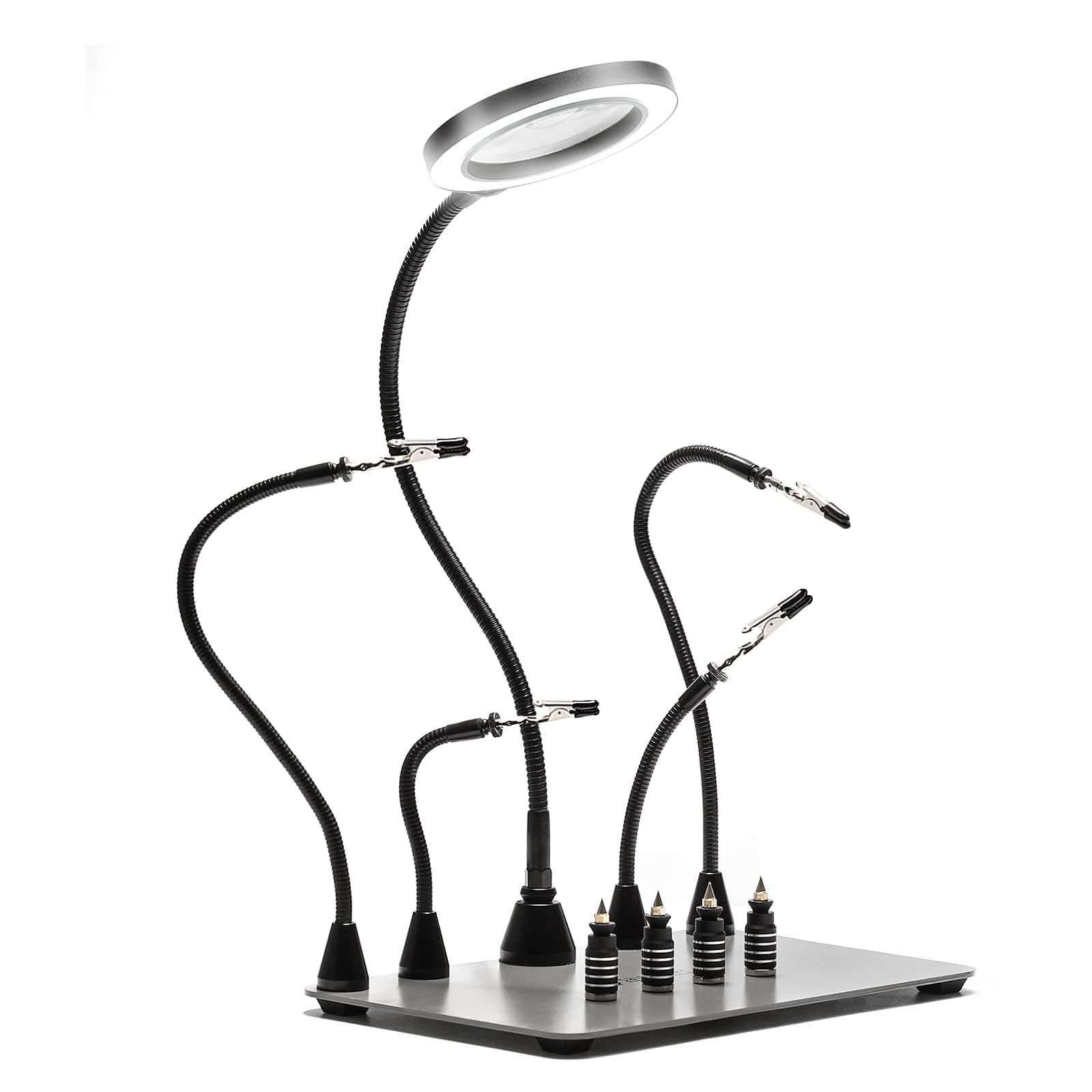 SainSmart Magnetic Helping Hands Soldering Station with an 11.1 x 7.1 Inch Larger Base, 5X LED Magnifying Lamp, 4 PCB Circuit Board Holder & 4 Flexible Magnetic Helping hands