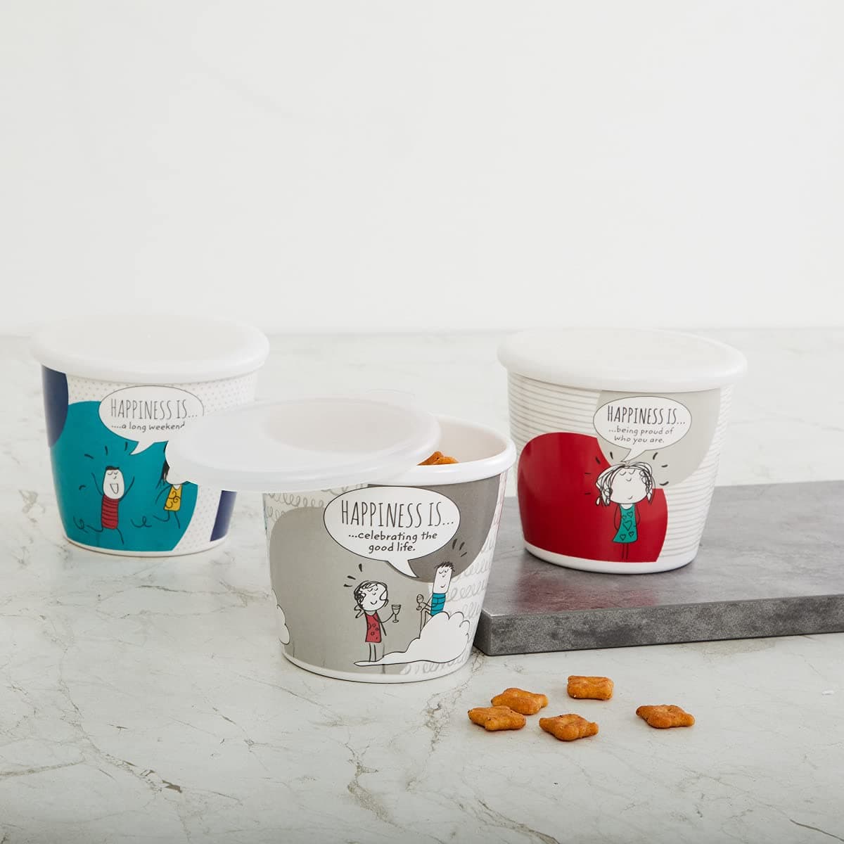 Home Centre Happiness Canisters with Lid- Set of 3, Multicolor