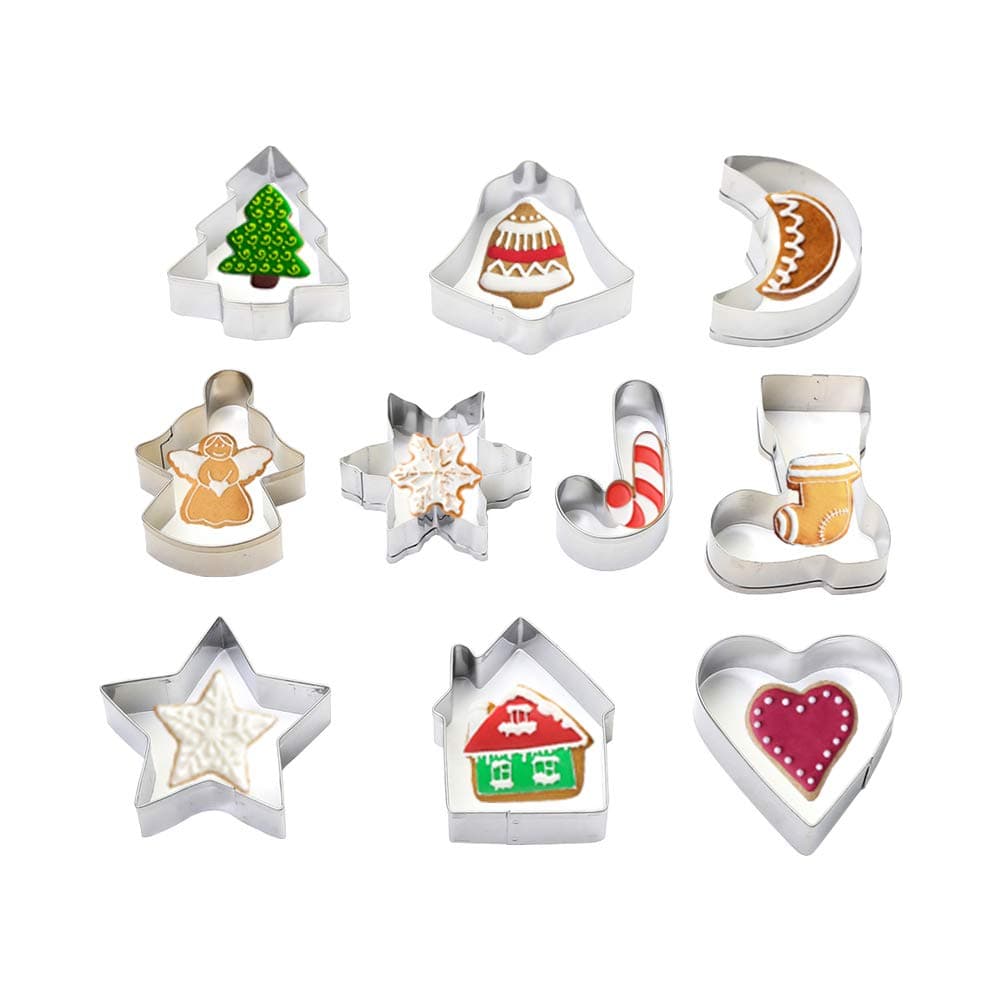 10 Pieces Christmas Cookie Cutters Set Biscuit Cutters (Christmas Trees Snowman Bell Snow Boot Stocking House Moon Star Heart Shapes) for Kids Stainless Steel by KAISHANE