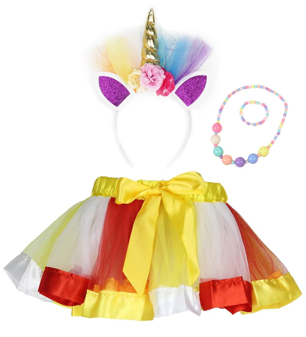Girls Layered Rainbow Tutu Skirt with Unicorn Horn Headband (Yellow, S)