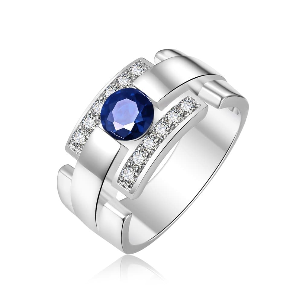 Elegant Jewelry Men's Ring with Blue Sapphire and White Sapphire Rhodium Plated Brass