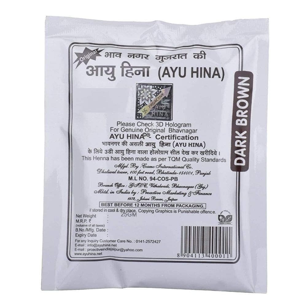AYU HINA Henna, Dark Brown, Herbal Hair Colour, 25 g, Pack of 15