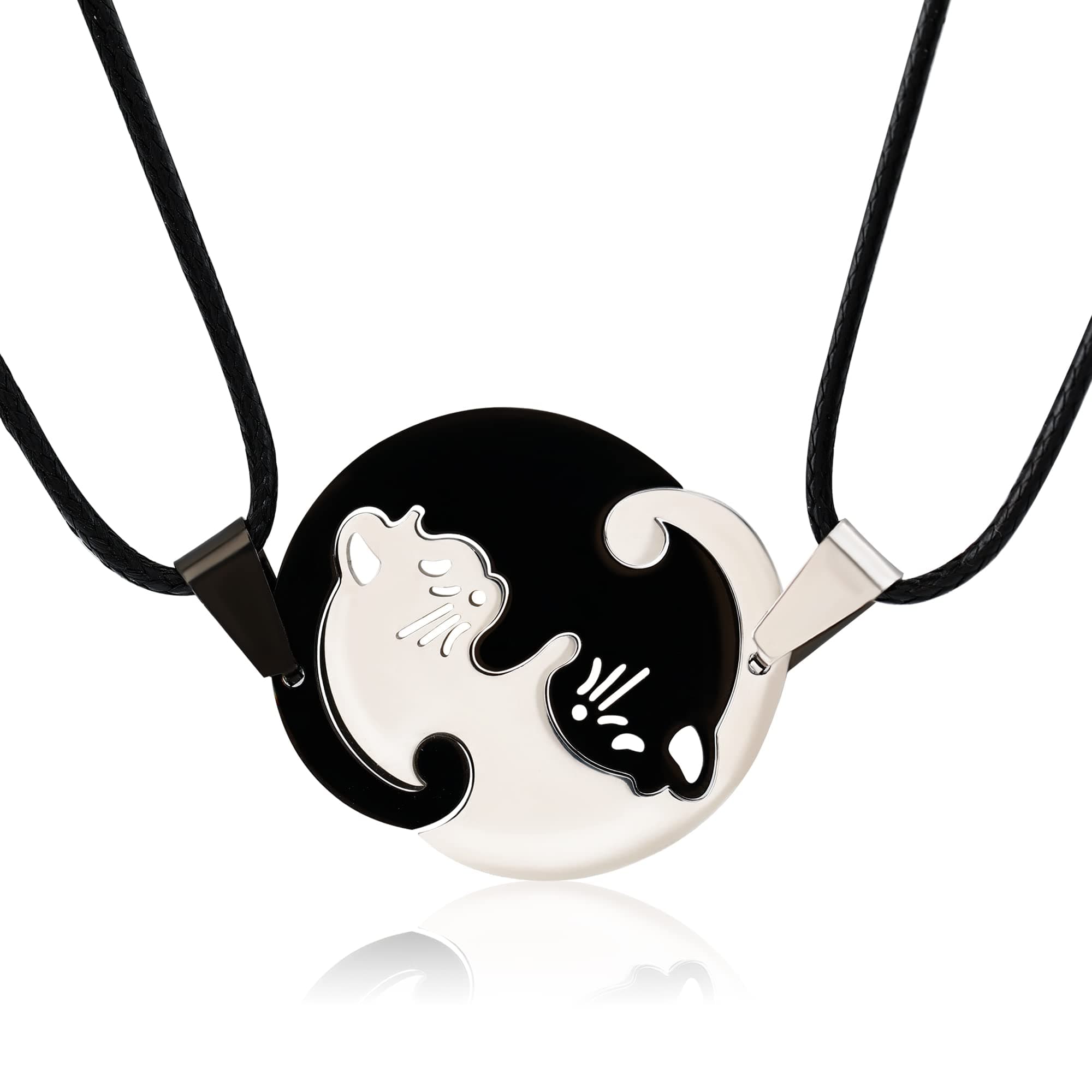Matching Cat Yin Yang Necklace for Couples Women Men, Stainless Steel Puzzle Pet Dog BFF Necklaces for 2, Funny Cat Dog Lovers Gifts
