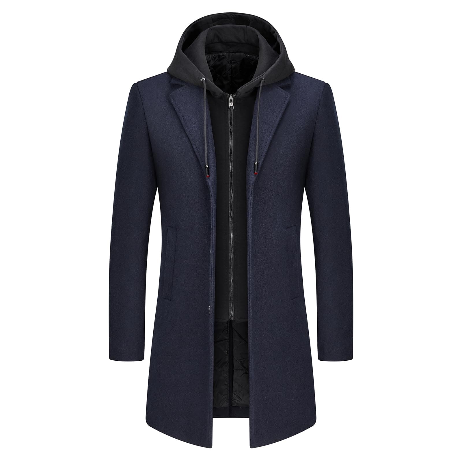 Mens Wool Trench Coat Solid Casual Padded Outdoor Overcoat Long hooded Warm Coat Jacket
