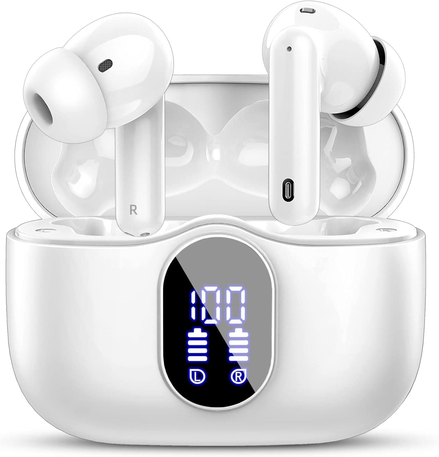 – Btootos Wireless Earbuds, Bluetooth 5.3 Headphones In Ear with 4 ENC Noise Cancelling Mic, 2025 New Bluetooth Earphones Mini Deep Bass Stereo Sound, 36H Playtime LED Display Wireless Earbuds White