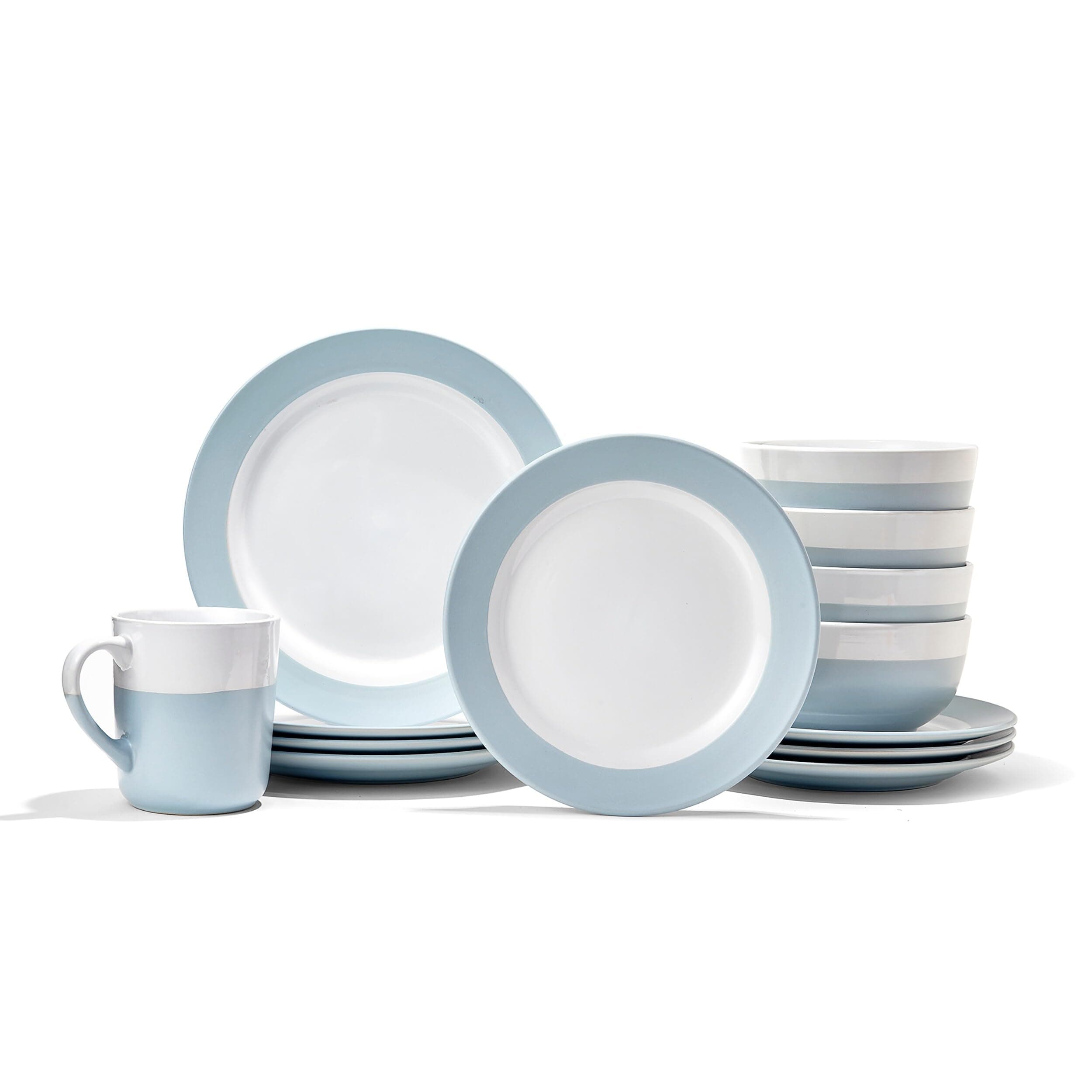 American Atelier Serene Round Dinnerware Set – 16-Piece Stoneware Party Collection w/ 4 Dinner Salad Plates, 4 Bowls & 4 Mugs, Light Blue