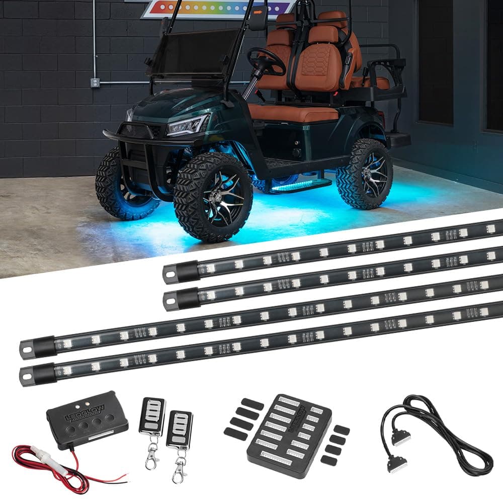 LEDGlow 4pc Million Color LED 4-Seater Golf Cart Underglow Accent Neon Lighting Kit Fits EZGO, Yamaha, Club Car, ICON, Evolution, Tomblerin, Star EV - for 12-Volt Battery - Water Resistant Flex Tubes