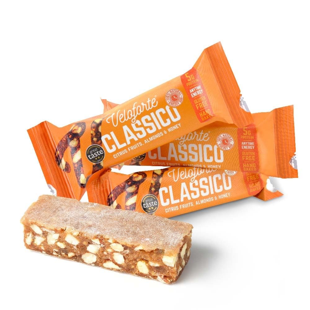 Veloforte Classico Energy Bar For Running, Cycling, Triathlon | Optimally balanced carbs and protein for sports. Gut-friendly, high-fibre, vegan and gluten-free | Citrus Fruits & Almonds | 9-pack
