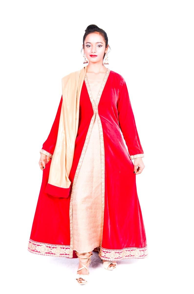 Anarkali Salwar Kameez Stitched Dress Large Red & Golden