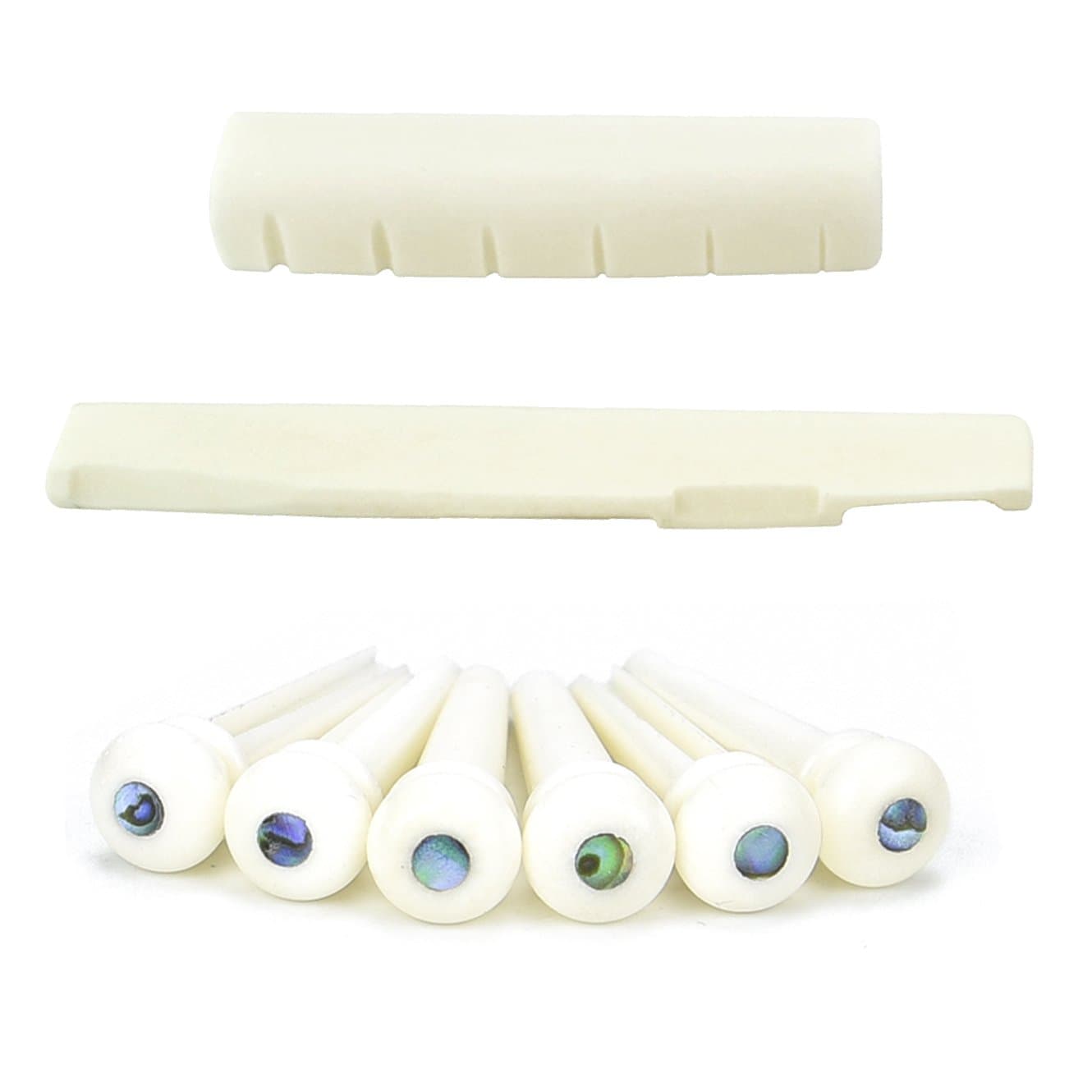 Luvay Guitar Bridge Saddle/Nut Replacement + Bridge Pins (set with Shells) - Made of Real Bone for Acoustic Guitar