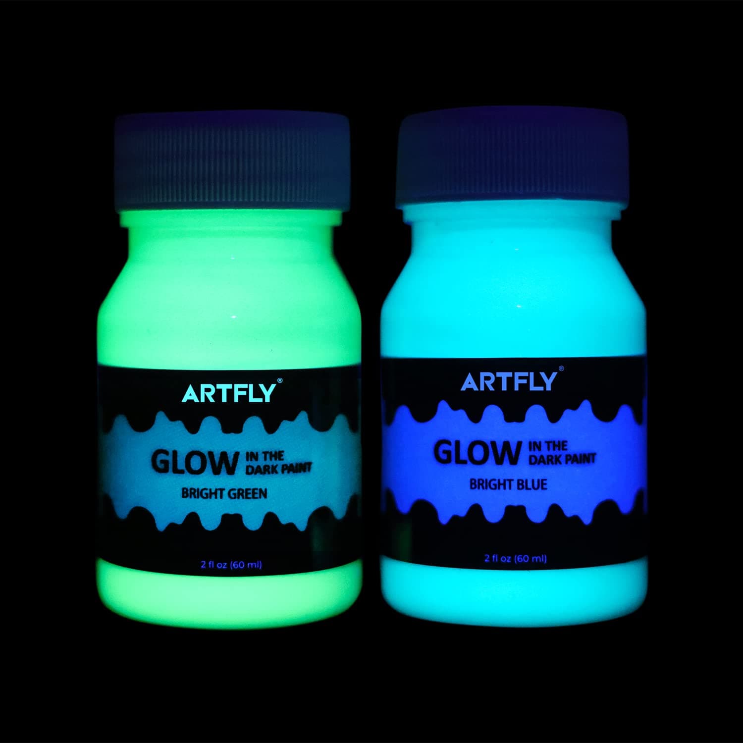 ARTFLY Glow-in-the-Dark Colours, Fluorescent Light Paint Set with Green and Blue, 2 Bright Colours, 60 ml/2 oz, Acrylic Glow in The Dark Colour, Perfect Halloween and Christmas Decoration