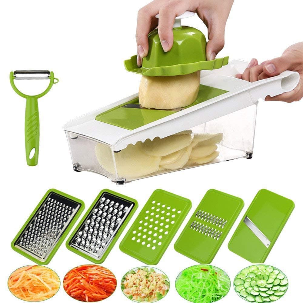 Mandoline Slicer Vegetable Potato Slicer Grater Cutter Chopper, HaetFire Julienne Slices and Shreds Fruits and Vegetables Chopper, Food Container, Safety Food Holder, 5 Interchangeable Sharp Blades